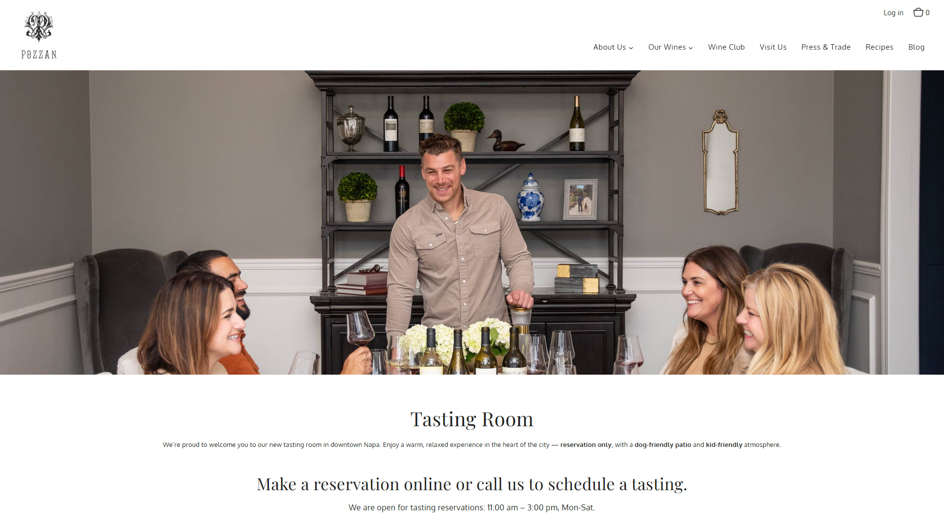 The Michael Pozzan contact page in a desktop browser, with a host pouring for guests seated at a table in front of a styled shelf, above the heading "Tasting Room" and an invitation to make a reservation.
