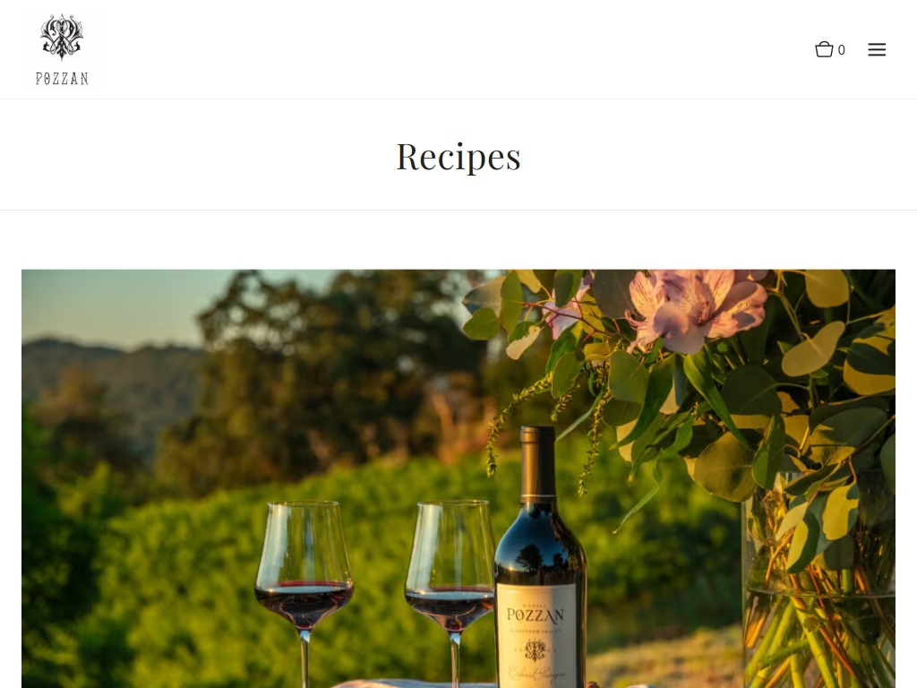 The Michael Pozzan recipes page in a desktop browser, headed "Recipes", with a bottle and two filled glasses on a table among flowers.