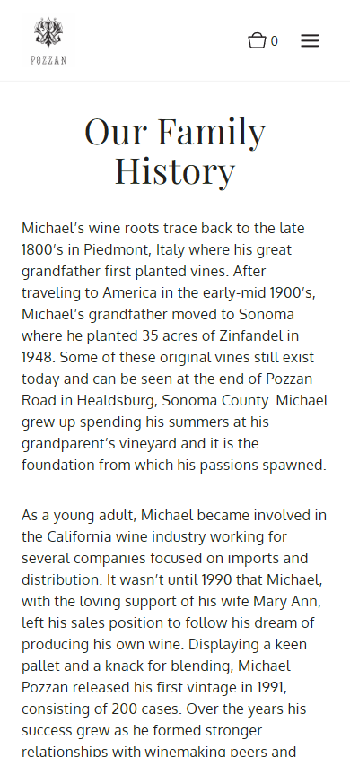 The Michael Pozzan family page on a phone, headed "Our Family History", tracing the family's winemaking back to Piedmont.