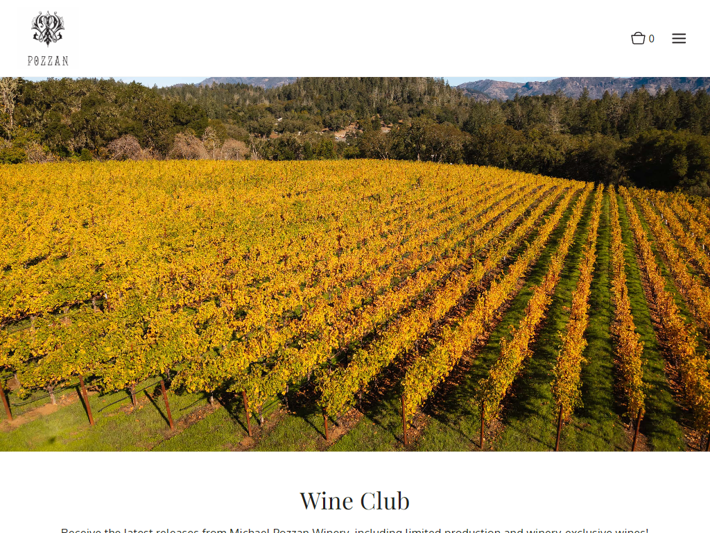 The Michael Pozzan wine club page in a desktop browser, with a hillside vineyard in yellow autumn leaf above the heading "Wine Club".