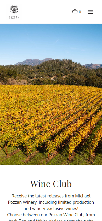 The Michael Pozzan wine club page on a phone, with the autumn vineyard above the membership description.