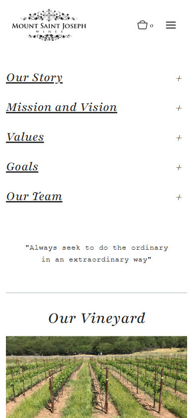 The Mount Saint Joseph About page on a phone, with expandable sections for Our Story, Mission and Vision, Values, Goals and Our Team, above a vineyard photograph headed "Our Vineyard".
