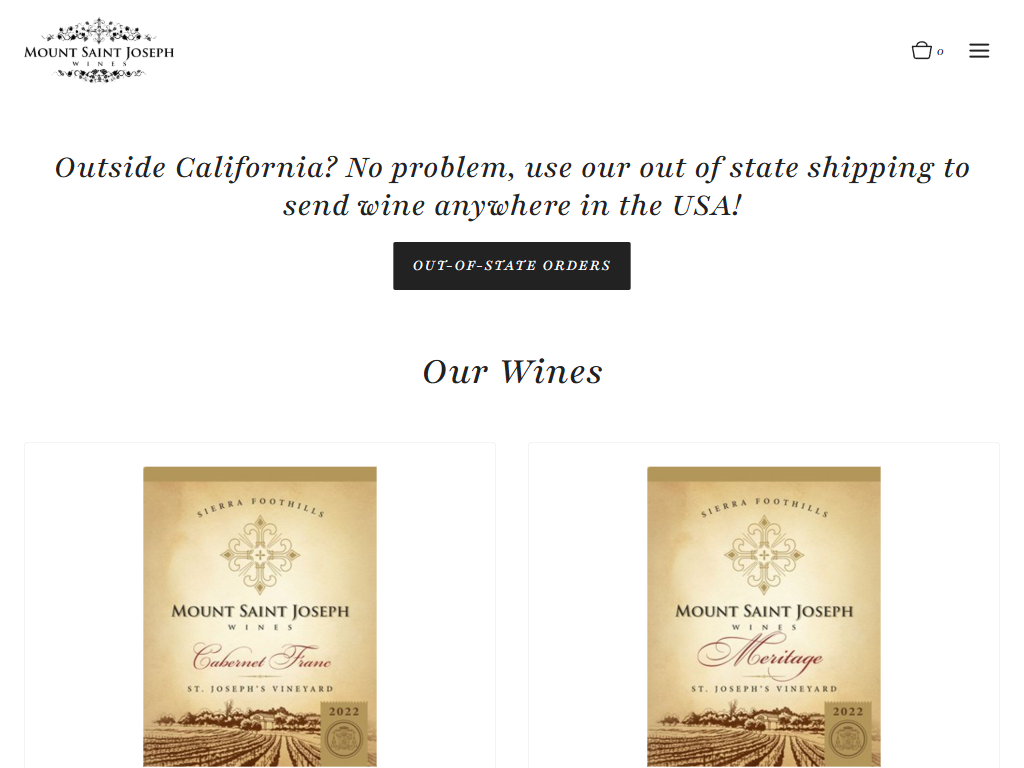 The Mount Saint Joseph wines listing in a desktop browser, headed "Our Wines", showing two labeled bottles above an out-of-state shipping notice.