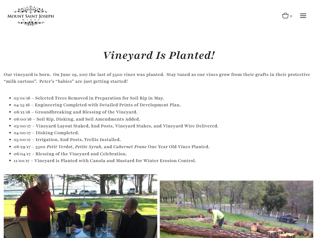 The Mount Saint Joseph virtual vineyard tour page in a desktop browser, headed "Vineyard Is Planted!", with a dated list of planting milestones above photographs of people working in the new vineyard.