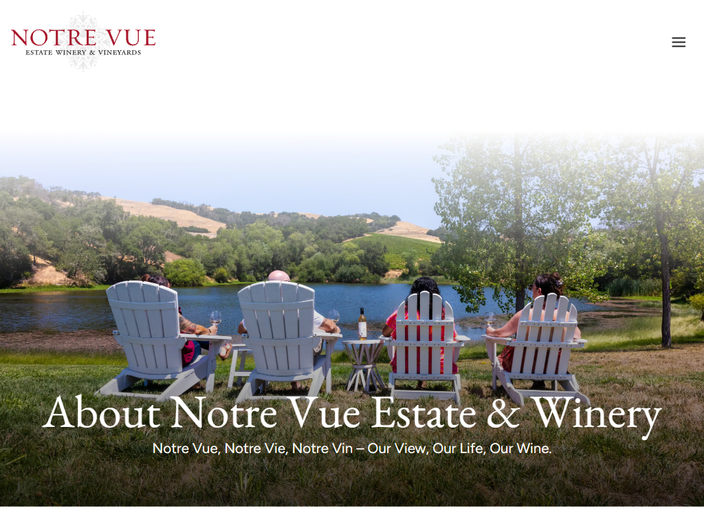 The Notre Vue About page in a desktop browser, with guests in Adirondack chairs around a fire beside the pond, under the heading "About Notre Vue Estate & Winery".