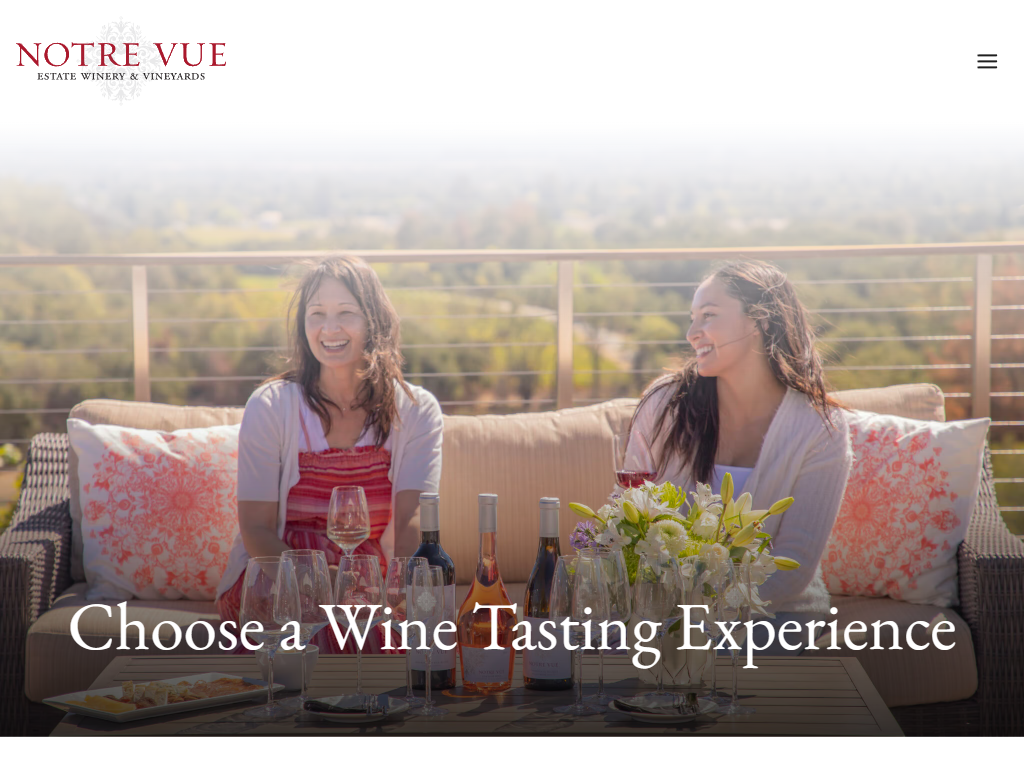 The Notre Vue tasting booking page in a desktop browser, headed "Choose a Wine Tasting Experience", with two guests seated on a terrace sofa with bottles and glasses in front of them.