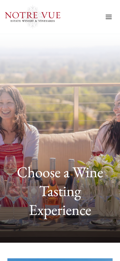 The Notre Vue tasting booking page on a phone, headed "Choose a Wine Tasting Experience" over the terrace photograph.