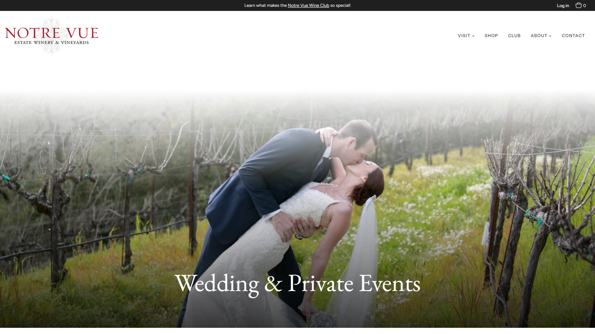 The Notre Vue weddings page in a desktop browser, headed "Wedding & Private Events", with a couple photographed kissing among the bare vines and wildflowers.