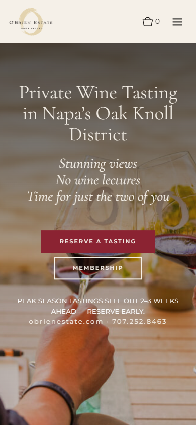 The O'Brien Estate homepage on a phone, with the private tasting heading and the three promises over the photograph of the toast.