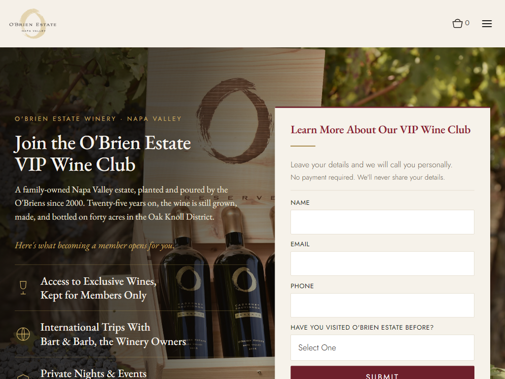 The O'Brien Estate membership page in a desktop browser, headed "Join the O'Brien Estate VIP Wine Club", with bottles in a wooden crate beside an inquiry form and a list of member benefits.