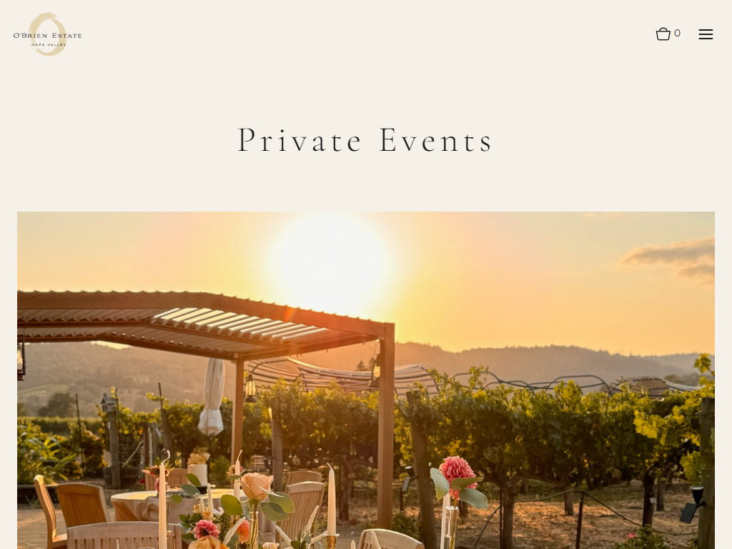 The O'Brien Estate private events page in a desktop browser, headed "Private Events", with a pergola dining area set above the vines at sunset.
