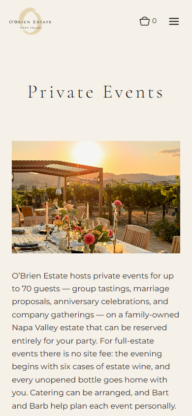The O'Brien Estate private events page on a phone, headed "Private Events", with the pergola photograph above the details for groups.