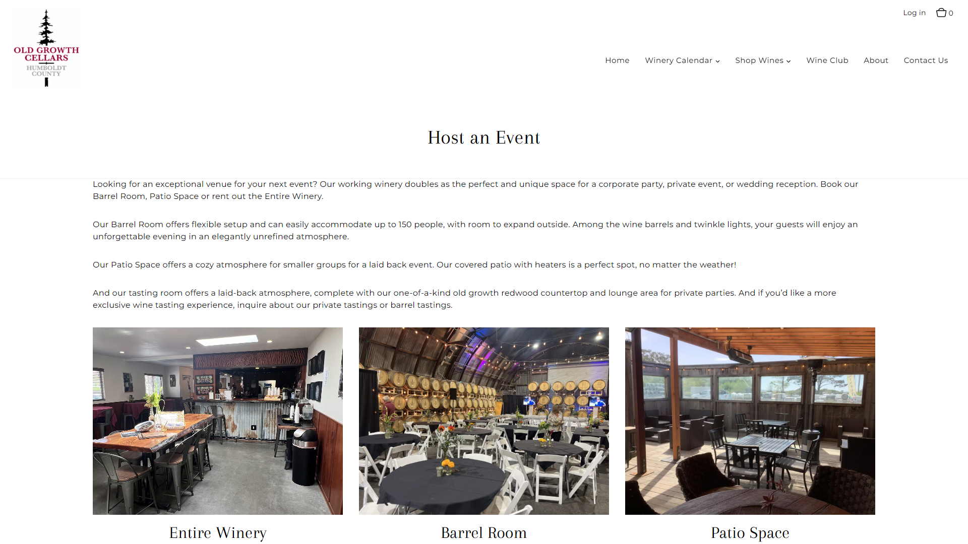 The Old Growth Cellars events page in a desktop browser, headed "Host an Event", with three photographs labeled Entire Winery, Barrel Room and Patio Space.