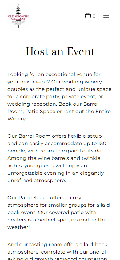 The Old Growth Cellars events page on a phone, headed "Host an Event", describing the barrel room, patio space and whole-winery hire.