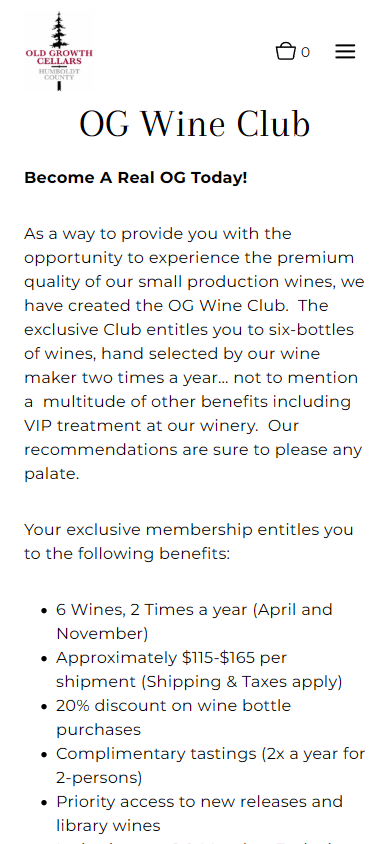 The Old Growth Cellars wine club page on a phone, headed "OG Wine Club", listing the shipment schedule, discounts and member benefits.