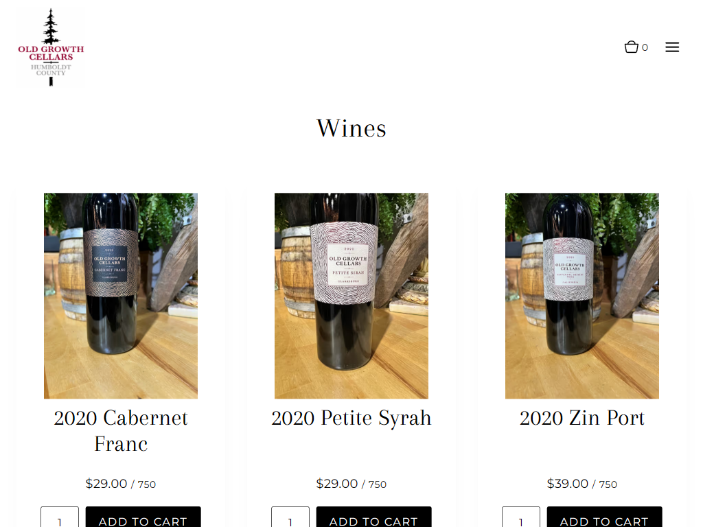 The Old Growth Cellars wines listing in a desktop browser, headed "Wines", showing the 2020 Cabernet Franc, 2020 Petite Syrah and 2020 Zin Port with prices and add to cart buttons.