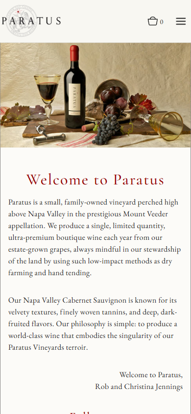 The Paratus homepage on a phone, with the bottle and fruit still life above the heading "Welcome to Paratus".