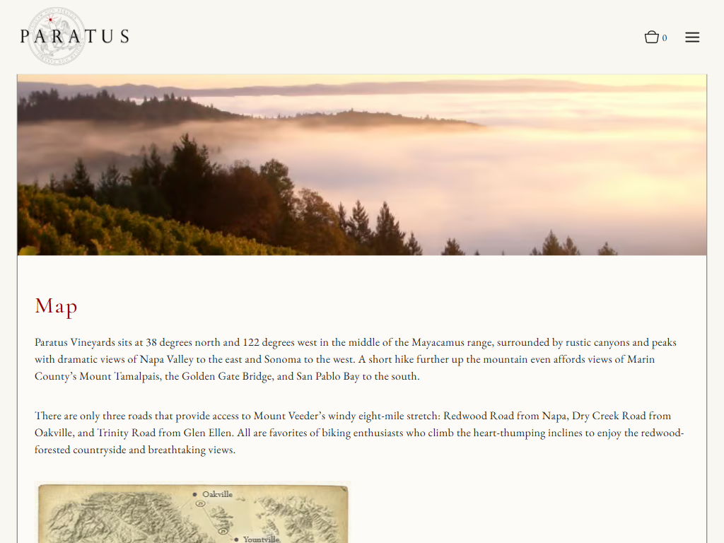 The Paratus map page in a desktop browser, with the misty hills above the heading "Map", the vineyard's coordinates and access roads, and a drawn map below.