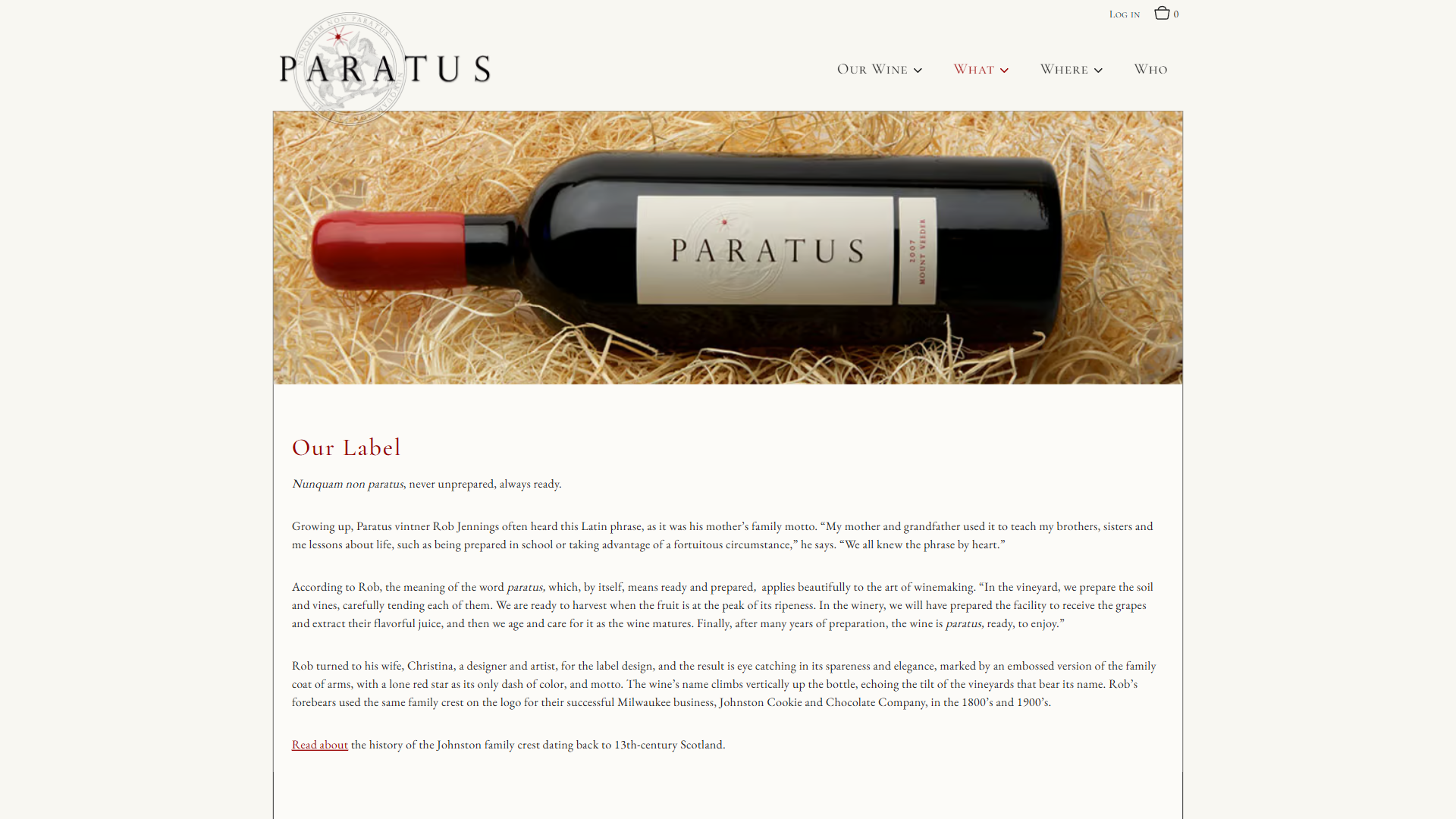The Paratus label page in a desktop browser, with a bottle lying on straw above the heading "Our Label" and the story behind the family motto.
