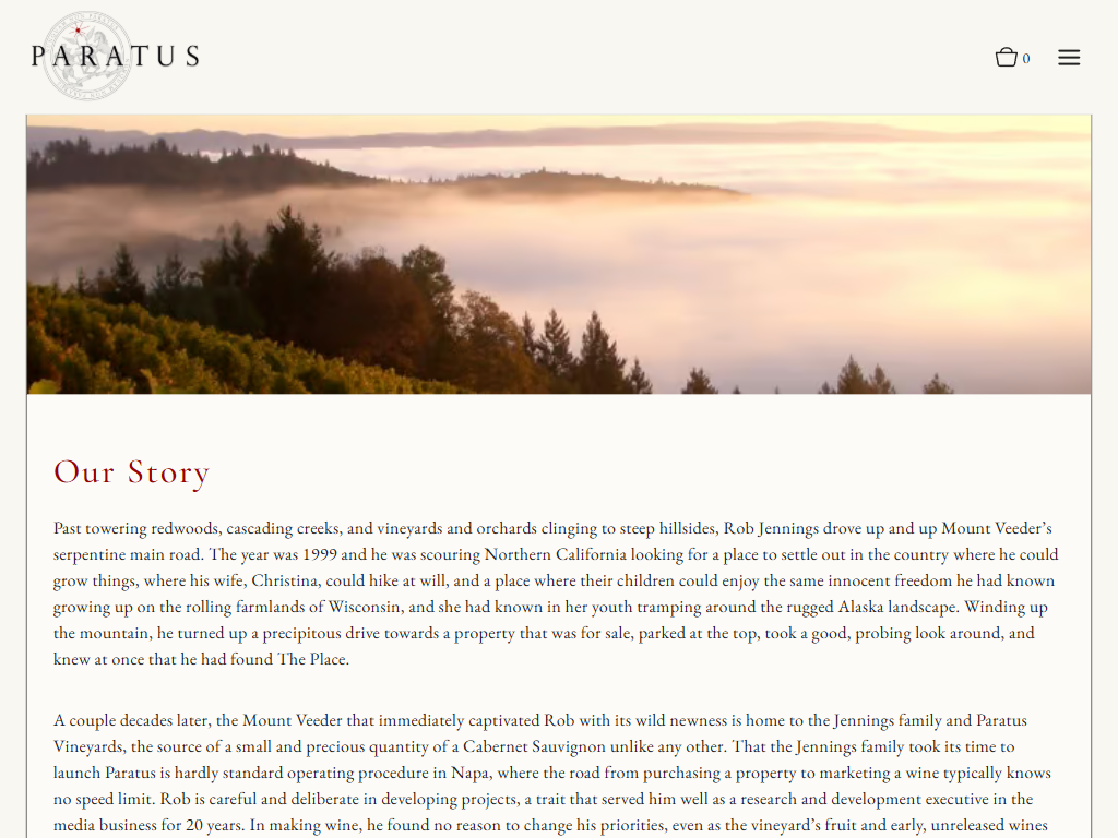 The Paratus story page in a desktop browser, with mist lying over wooded hills at dawn above the heading "Our Story".