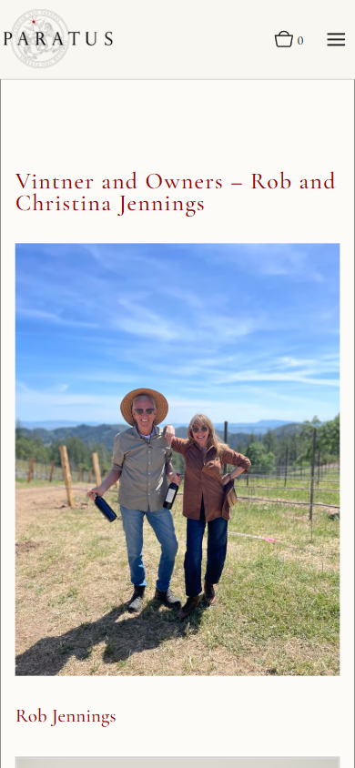 The Paratus owners page on a phone, introducing the vintner and owners with a photograph of the family in the vineyard.