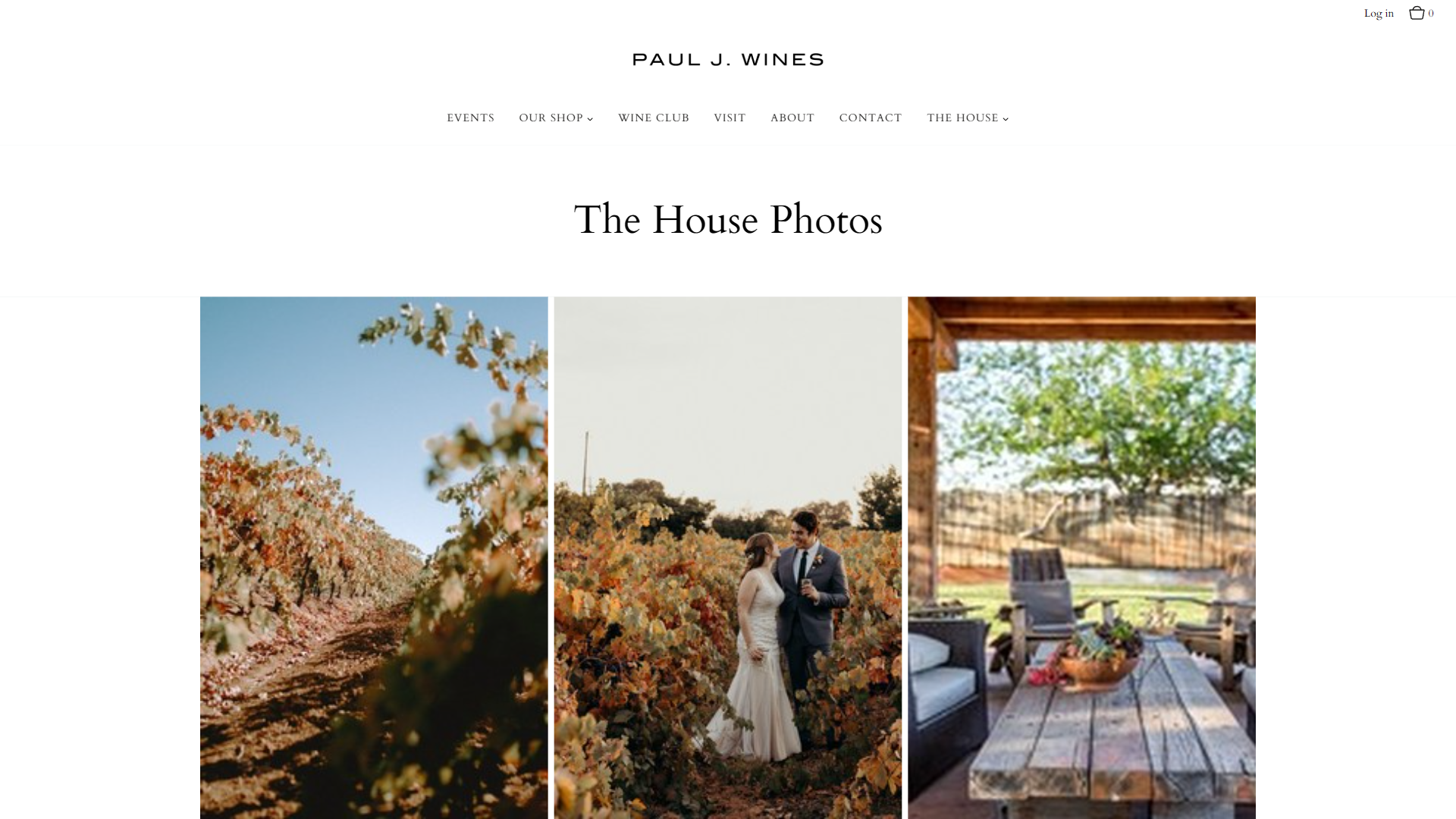 The Paul J. Wines house photos page in a desktop browser, headed "The House Photos", with vine rows in autumn color, a bride and groom standing among the vines, and a covered porch set with chairs and a table.