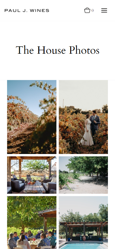 The Paul J. Wines house photos page on a phone, the vineyard, wedding and porch photographs stacked in two columns.