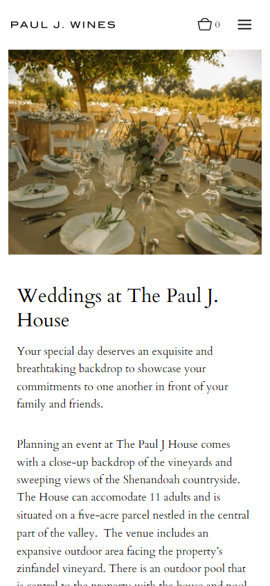 The Paul J. Wines weddings page on a phone, headed "Weddings at The Paul J. House" under a photograph of tables laid outdoors among the trees, with the details of the house and its setting below.