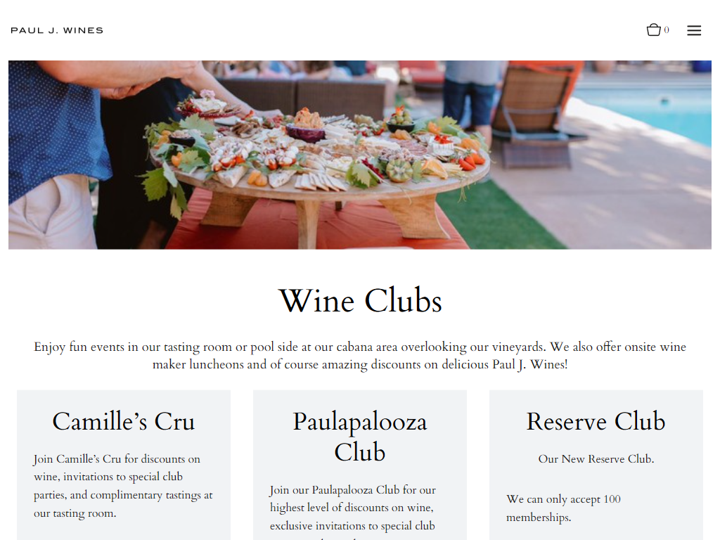 The Paul J. Wines wine clubs page in a desktop browser, with a grazing board carried past the pool above the heading "Wine Clubs" and the Camille's Cru, Paulapalooza and Reserve tiers side by side.