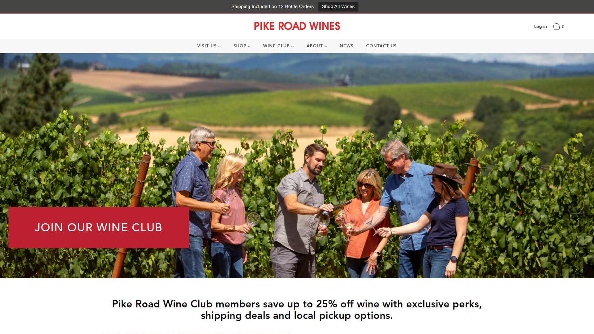 The Pike Road Wines wine club page in a desktop browser, with a group of people tasting wine among the vines and a red panel reading "Join Our Wine Club" above the member benefits.
