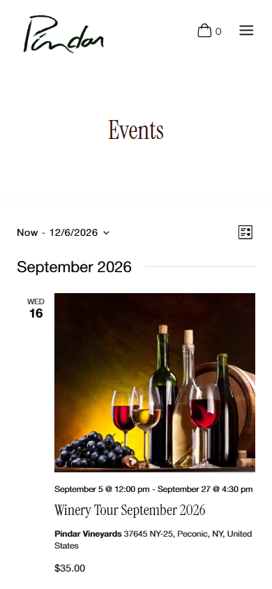 The Pindar events page on a phone, headed "Events", listing a winery tour illustrated by a still life of bottles, glasses and fruit.