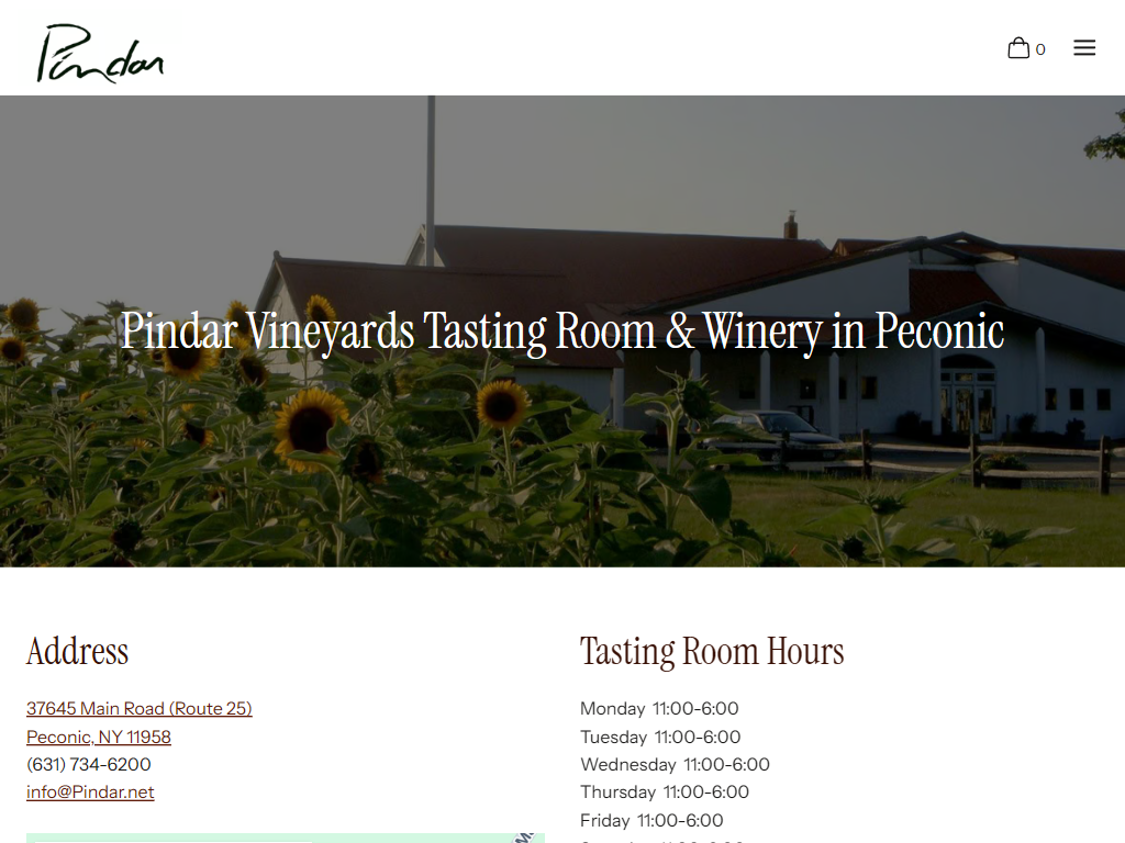 The Pindar Peconic tasting room page in a desktop browser, headed over sunflowers and the winery building, with the address and tasting room hours listed below.