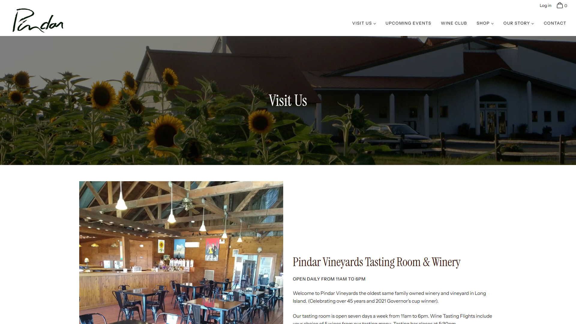 The Pindar Visit Us page in a desktop browser, headed "Visit Us" over sunflowers in front of the winery, with the tasting room interior beside the opening hours and a description of the Long Island estate.