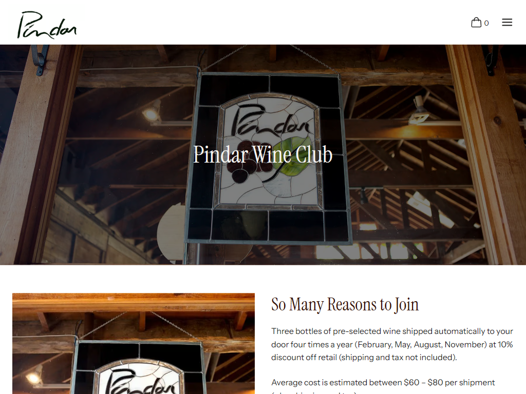 The Pindar wine club page in a desktop browser, headed "Pindar Wine Club" over a stained glass Pindar sign, above the reasons to join and the shipment terms.