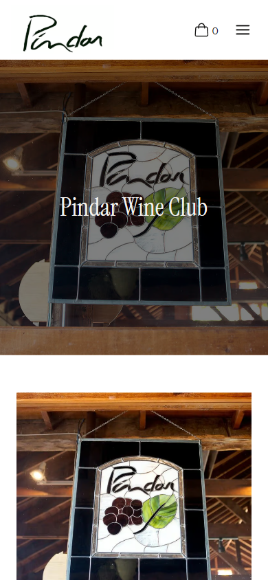 The Pindar wine club page on a phone, headed "Pindar Wine Club" over the stained glass sign.