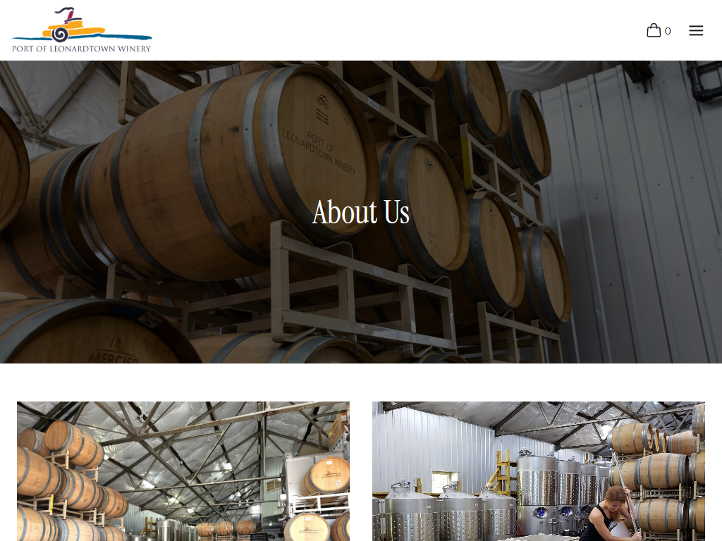 The Port of Leonardtown About page in a desktop browser, headed "About Us" over the barrel hall, with photographs of the cellar and the tank room below.