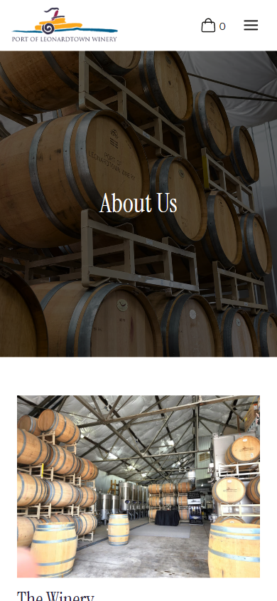 The Port of Leonardtown About page on a phone, headed "About Us" over the barrel hall, with the winery section below.