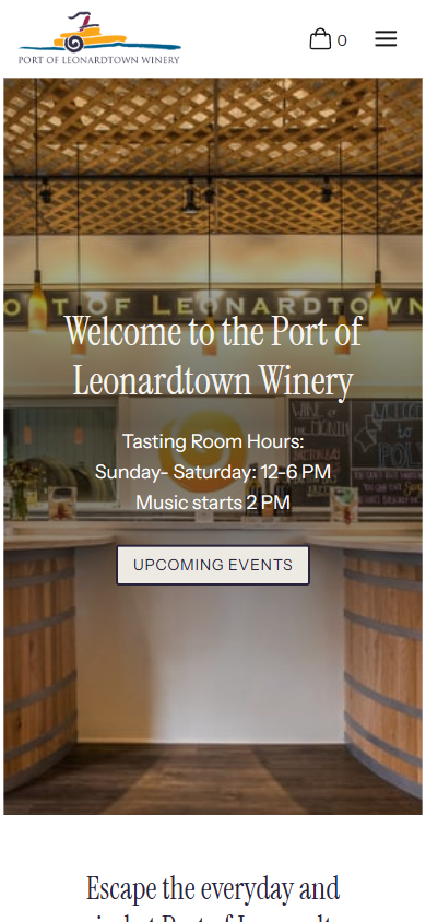 The Port of Leonardtown homepage on a phone, with the tasting room photograph, the welcome and the opening hours.