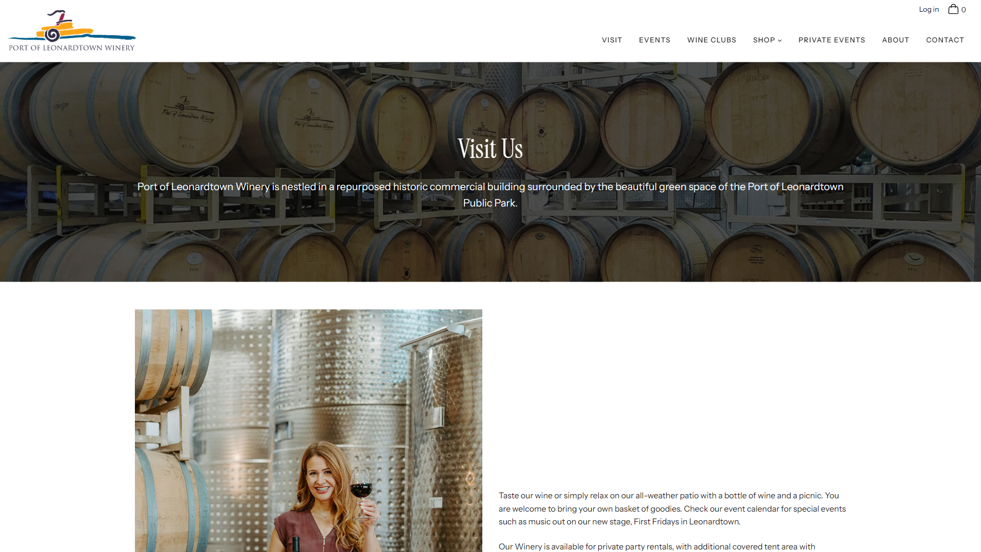 The Port of Leonardtown Visit Us page in a desktop browser, headed "Visit Us" over racked barrels, with a member of staff holding a glass of red beside the tanks and details of what visitors can do.