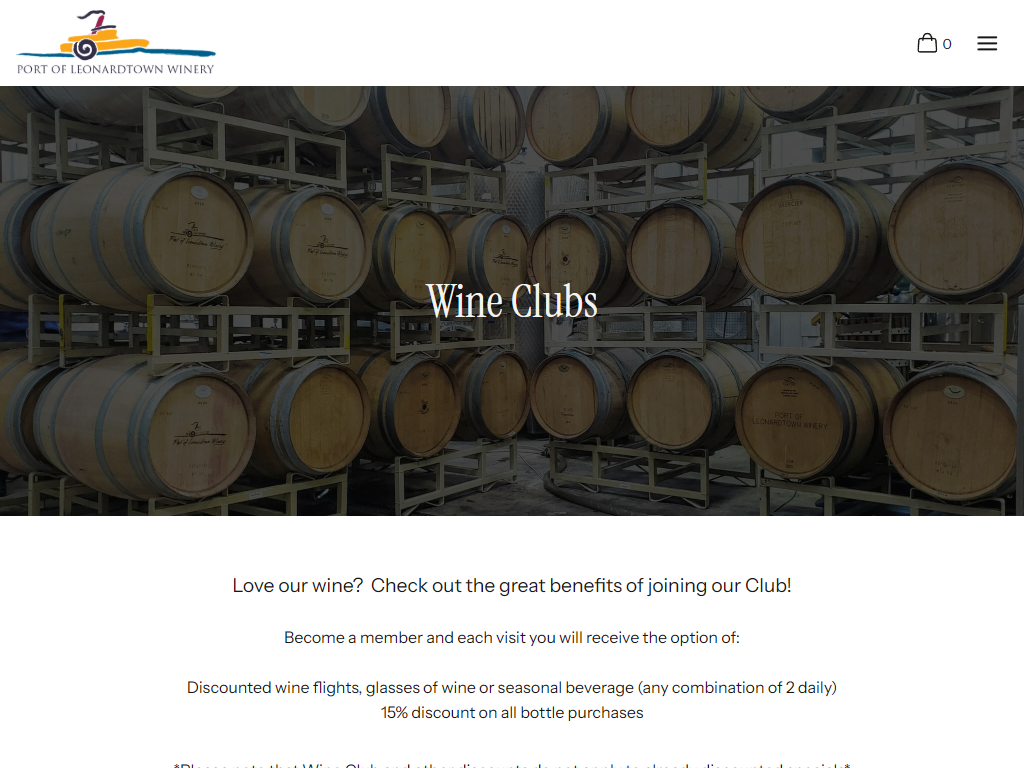 The Port of Leonardtown wine clubs page in a desktop browser, headed "Wine Clubs" over the stacked barrels, with the member benefits listed below.