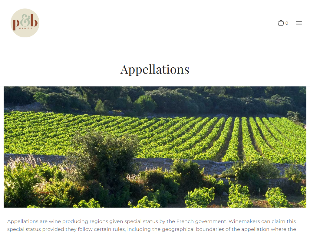 The Princess & Bear appellations page in a desktop browser, headed "Appellations", with terraced vineyards above an explanation of French appellation rules.