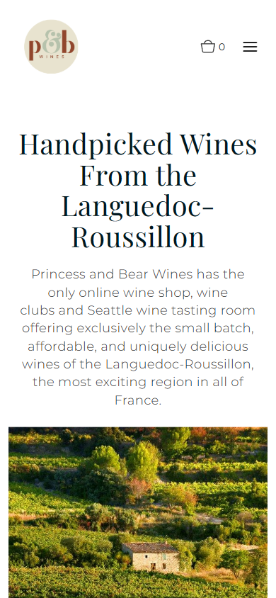 The Princess & Bear homepage on a phone, with the Languedoc-Roussillon headline above the farmhouse and vineyard photograph.