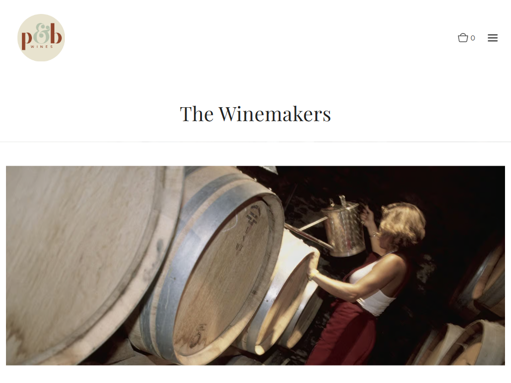 The Princess & Bear winemakers page in a desktop browser, headed "The Winemakers", with a winemaker topping up a barrel in the cellar.