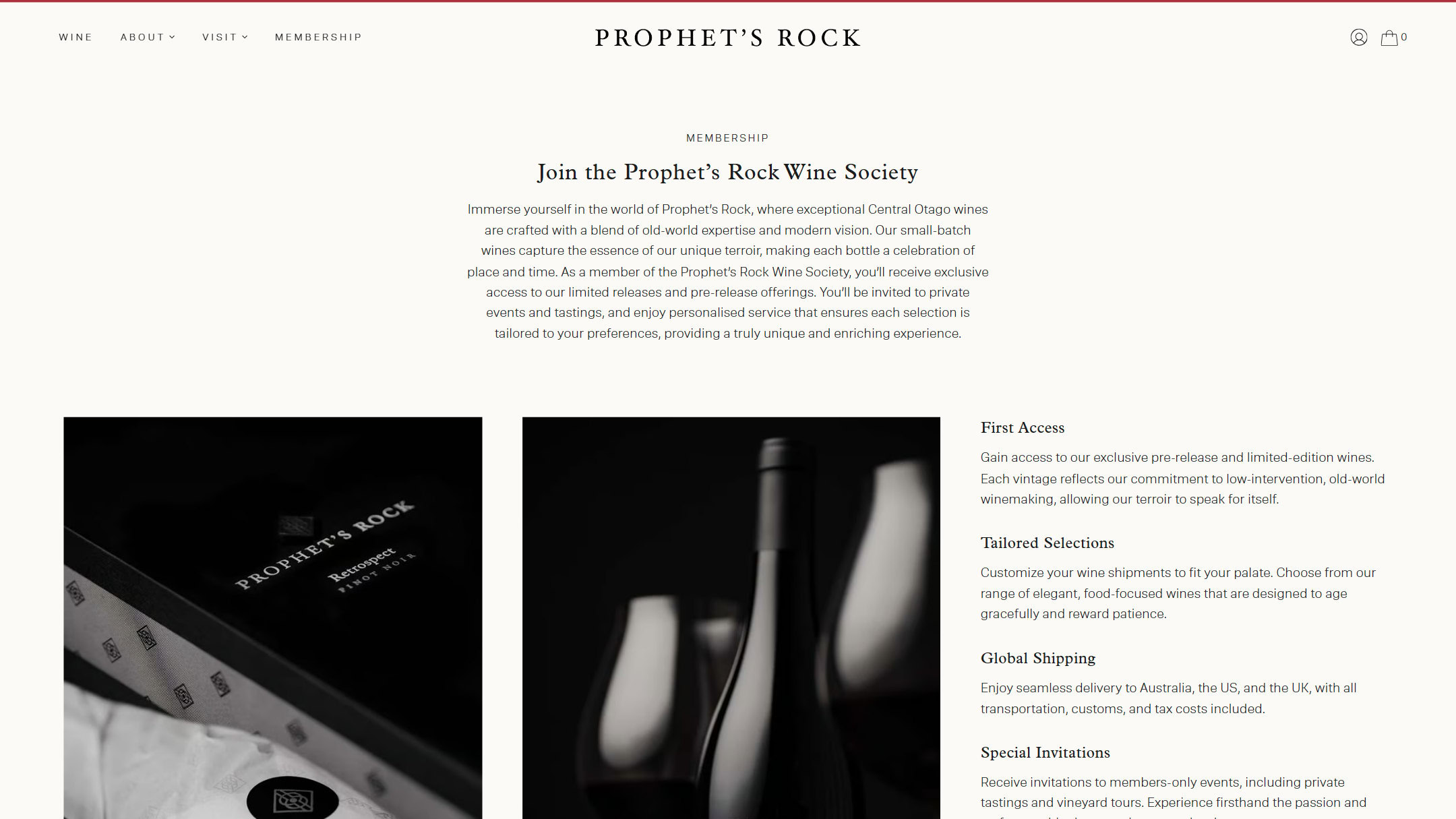 The Prophet’s Rock Wine Society page now: Join the Prophet’s Rock Wine Society, beside black and white photographs of the member box.