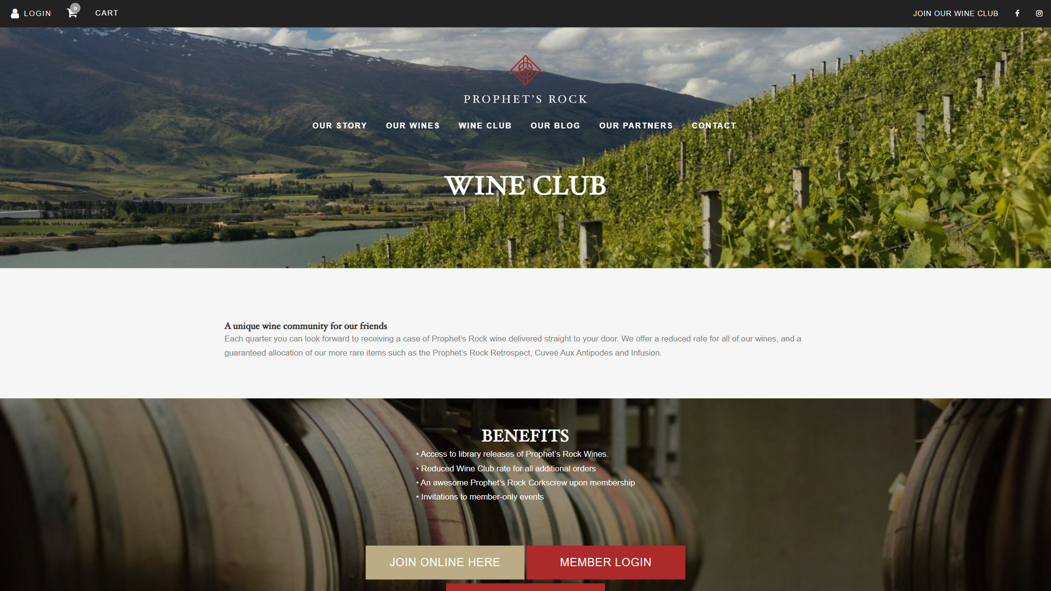 The Prophet’s Rock Wine Club page in 2019: a vineyard banner, a line of text and member benefits over a photograph of barrels.
