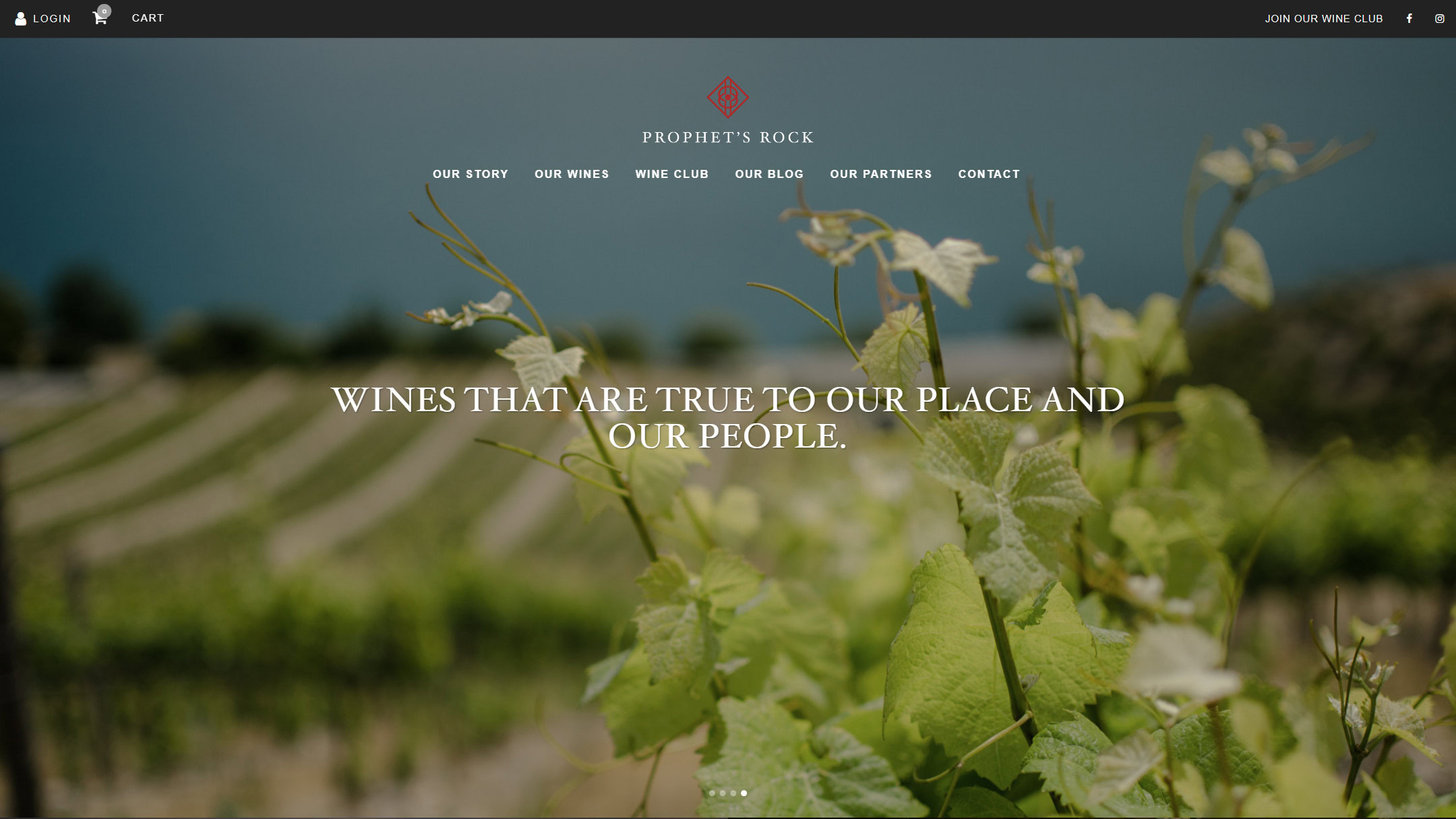 The Prophet’s Rock home page in 2019: a close photograph of vine leaves under the words Wines that are true to our place and our people.
