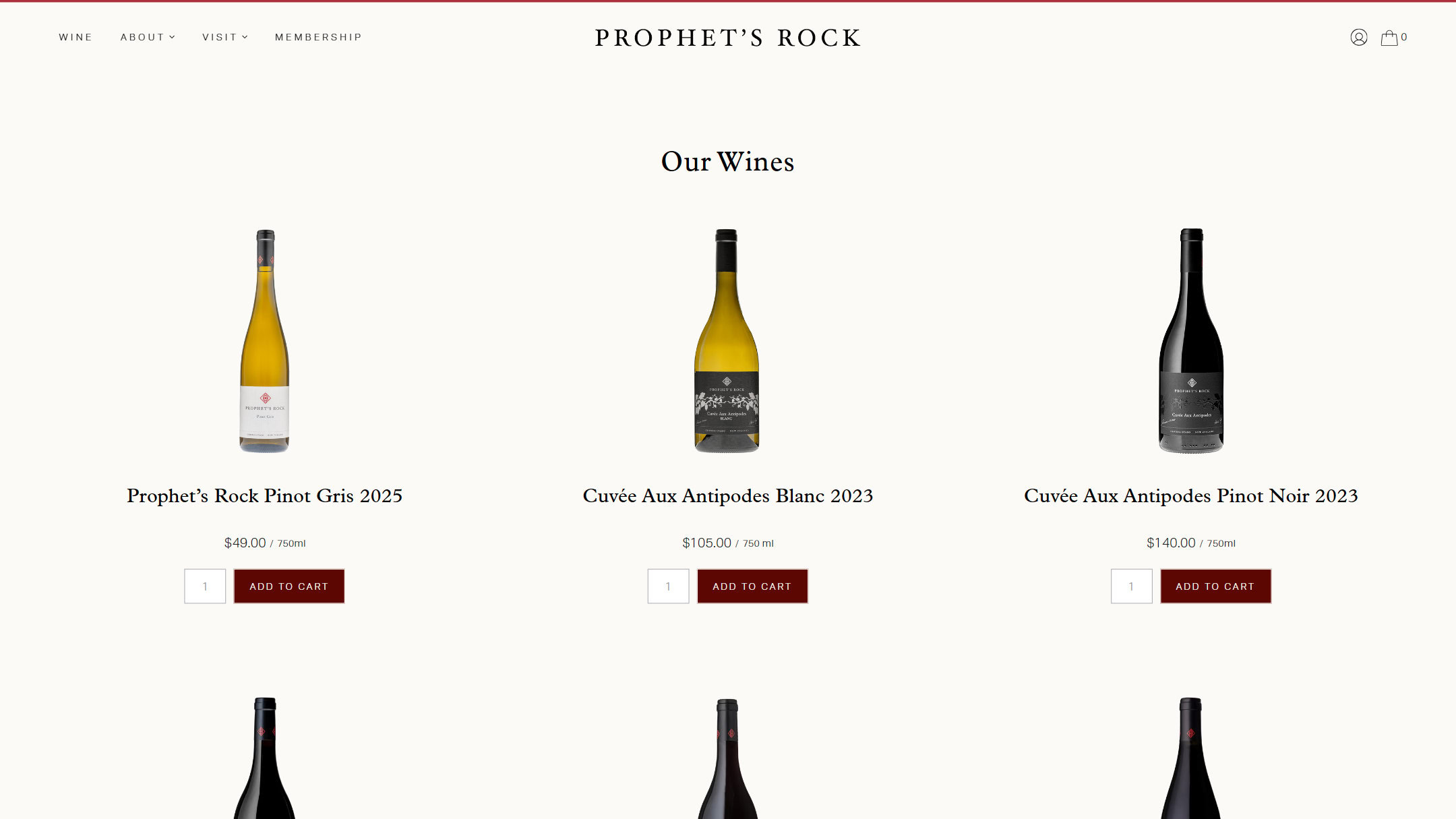 The Prophet’s Rock wine shop now: Our Wines, with each bottle, its price and an Add to cart button.