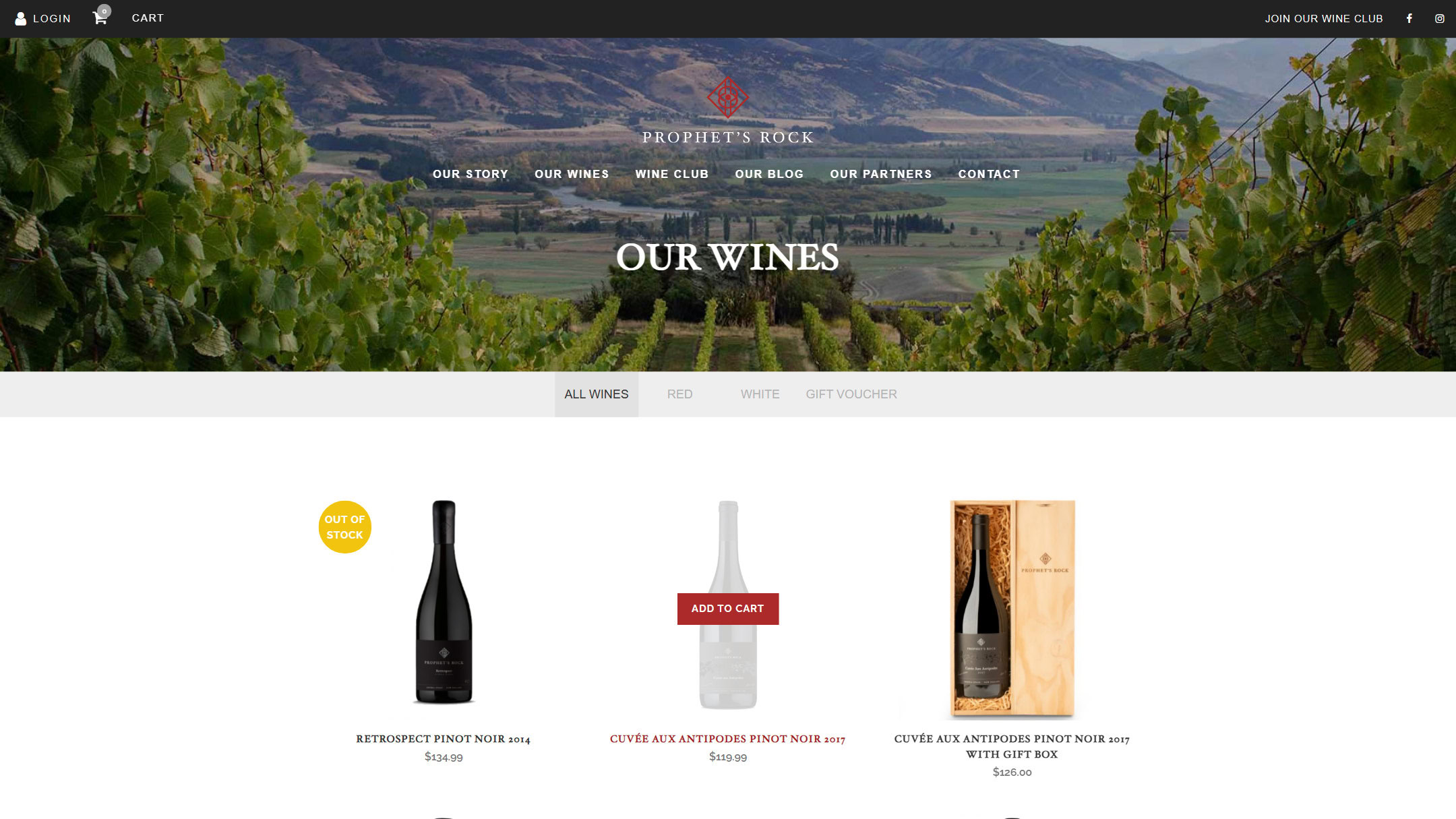 The Prophet’s Rock Our Wines page in 2019: a vineyard banner above a grid of bottles, some marked out of stock.