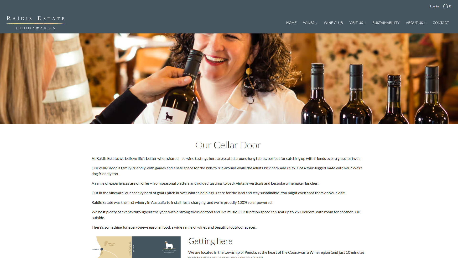 The Raidis Estate winery experiences page in a desktop browser, headed "Our Cellar Door", with a photograph of a woman laughing as she holds a bottle beside a row of Raidis wines.