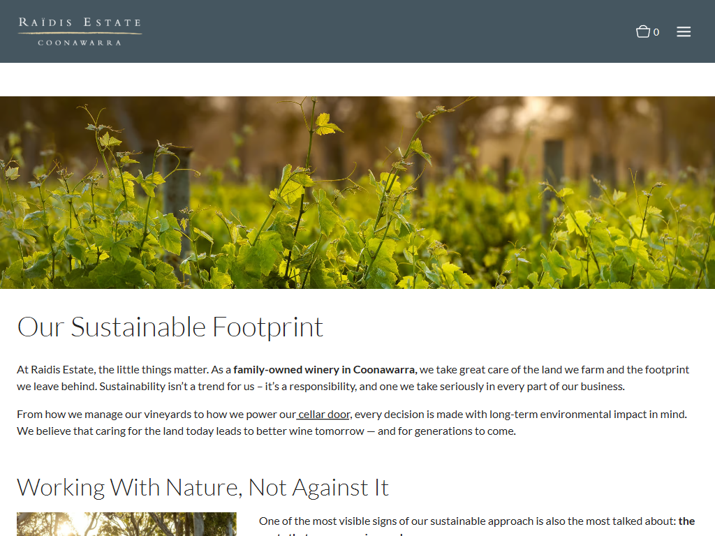 The Raidis Estate sustainability page in a desktop browser, headed "Our Sustainable Footprint", with a photograph of yellow flowering cover crop growing between the vine rows.